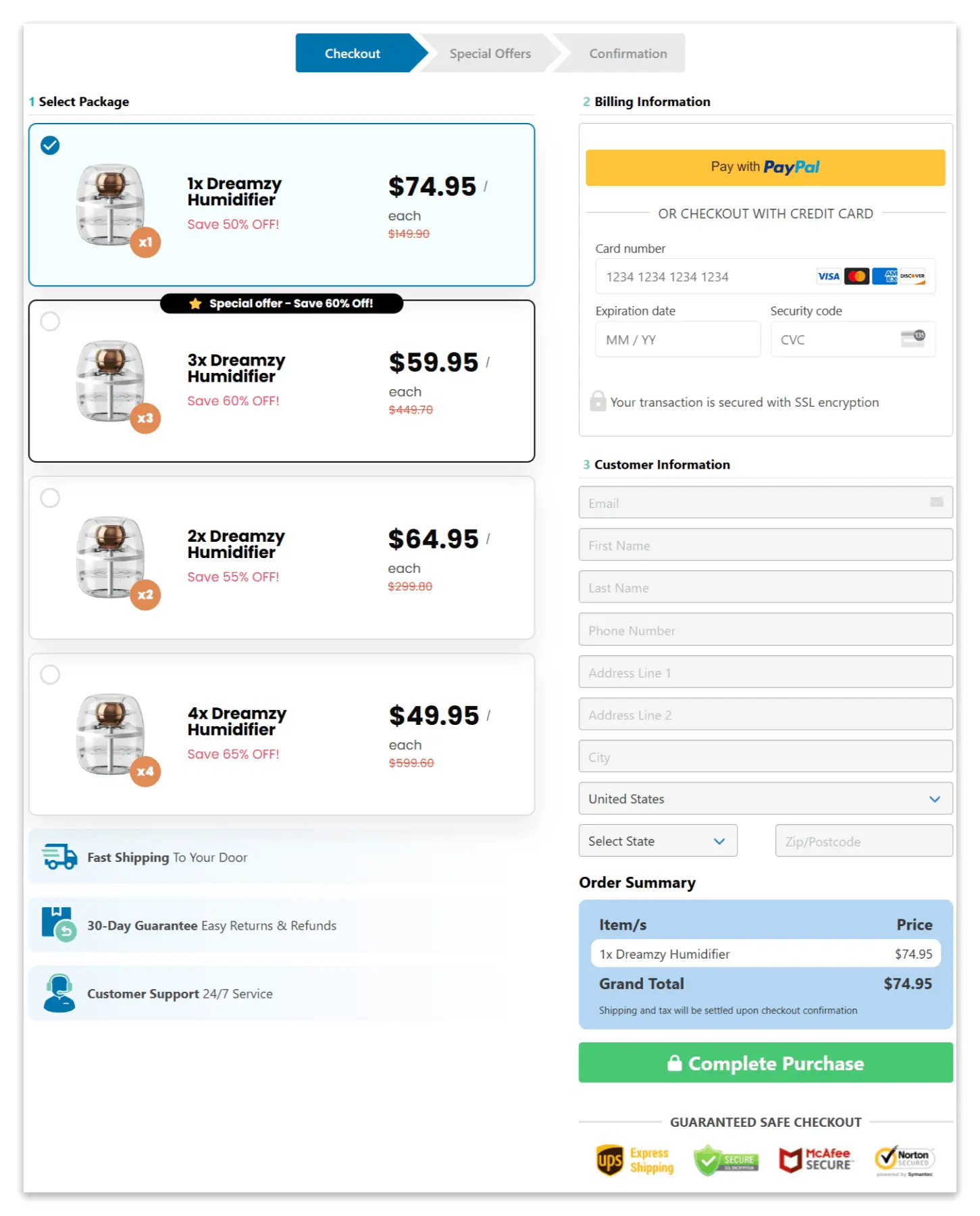 Dreamzy Humidifier secure checkout page